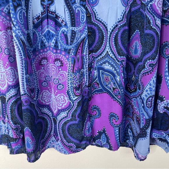 Jones NY blue purple pleated chiffon lightweight abstract button front top XL - Picture 3 of 7